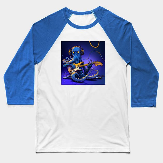 Blue Octopus Plays Jazz Guitar Baseball T-Shirt by Star Scrunch